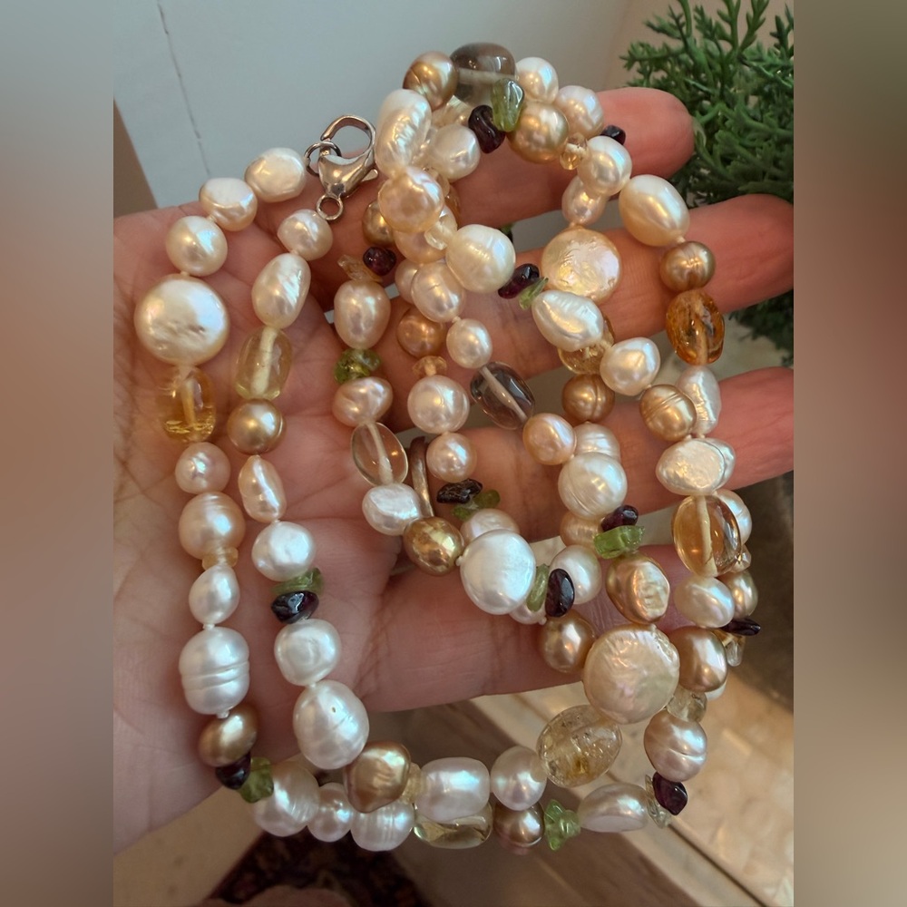 Honora Pearl Peridot Citrine And Smoky Topaz Double Strand Necklace 36"